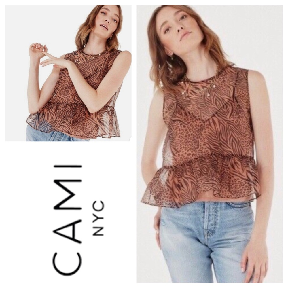 NWT  CAMI NYC Leopard Animal Print Amira Jungle Peplum Silk Organza 2pc Top Sz:L